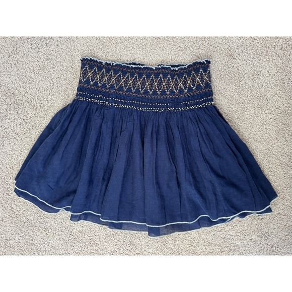 Free People Navy Blue Smocked Embroidered Tiered Ruffle Mini Skirt Boho Womens - Picture 7 of 11